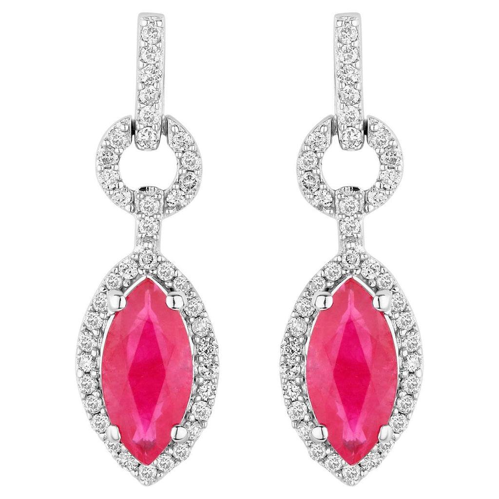 Ruby Earrings Diamonds 1.2 Carats 14K White Gold