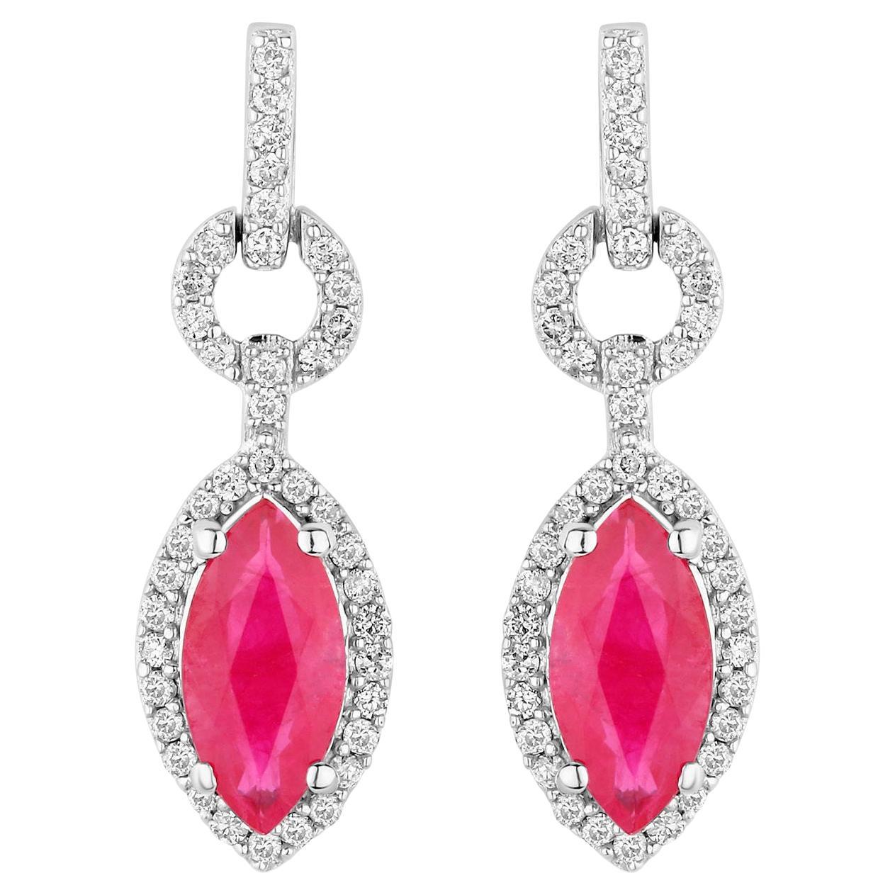 Ruby Earrings Diamonds 1.2 Carats 14K White Gold