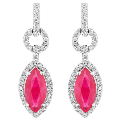 Ruby Earrings Diamonds 1.2 Carats 14K White Gold