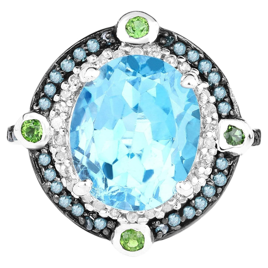 Swiss Blue Topaz Ring With Blue Diamond 0.54 Carats Sterling Silver