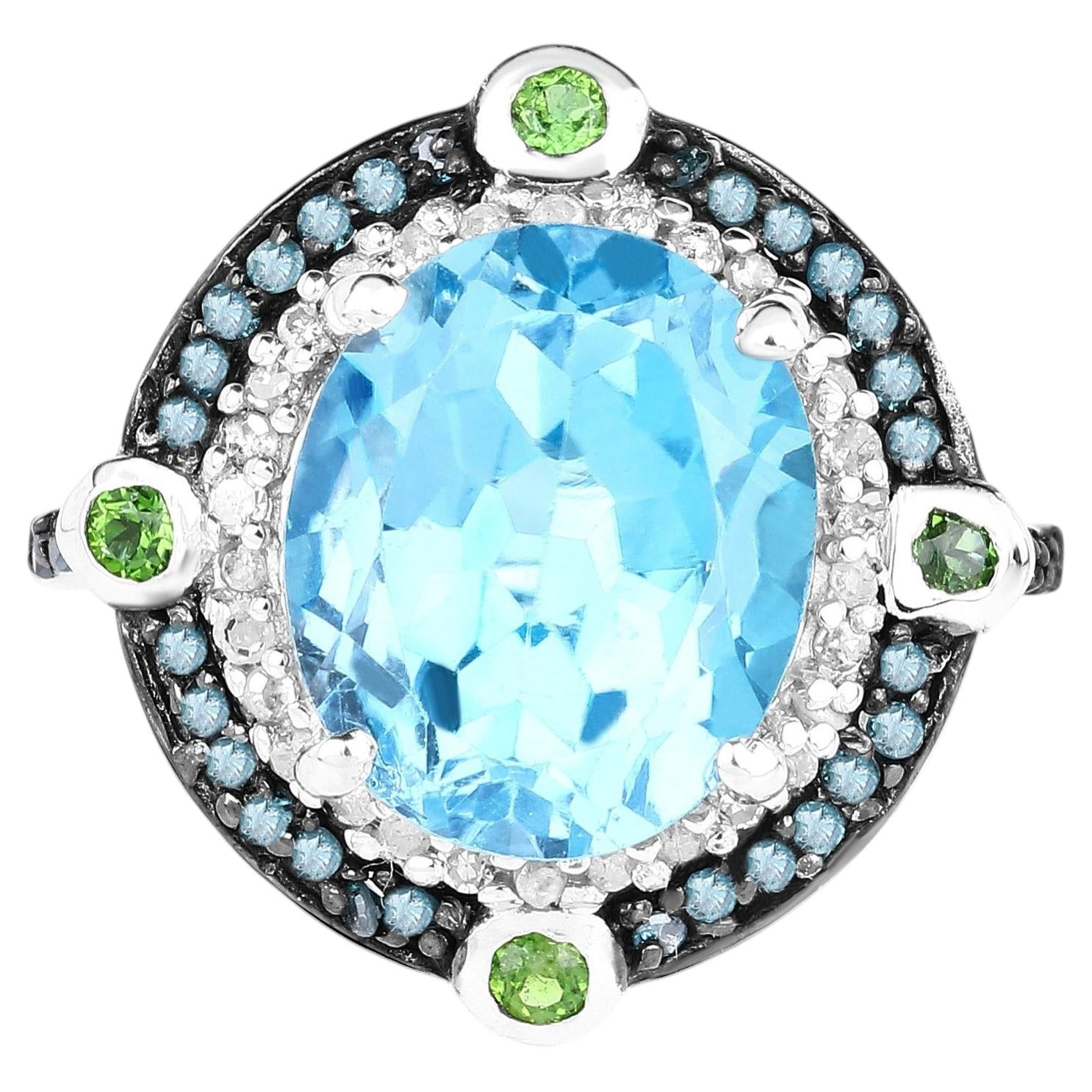 Swiss Blue Topaz Ring With Blue Diamond 0.54 Carats Sterling Silver