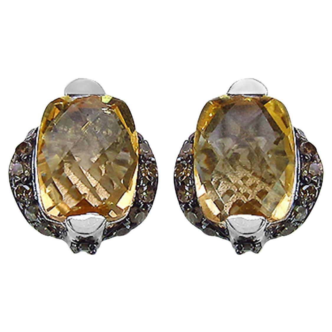 Citrine Stud Earrings Champagne Diamonds 3 Carats Silver