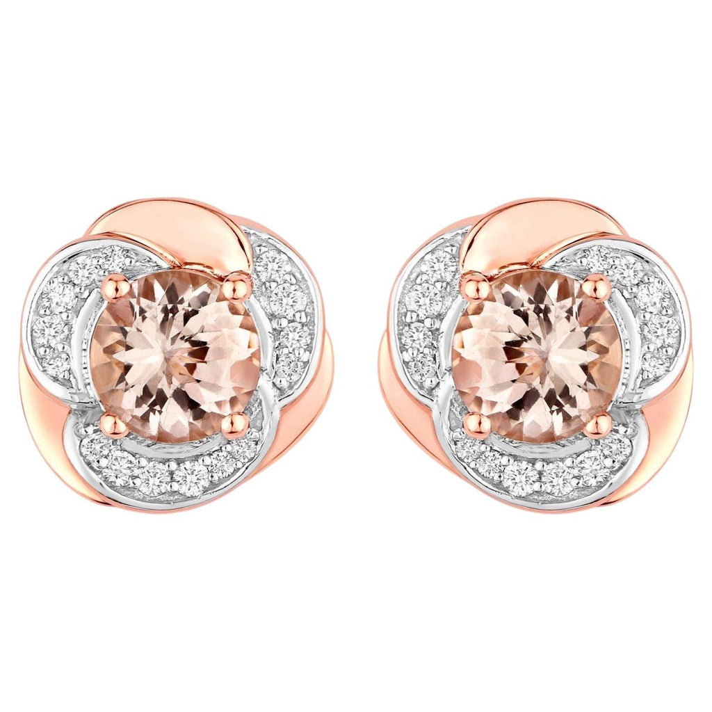 Morganite Flower Stud Earrings With Diamonds 1.48 Carats 14K Rose Gold