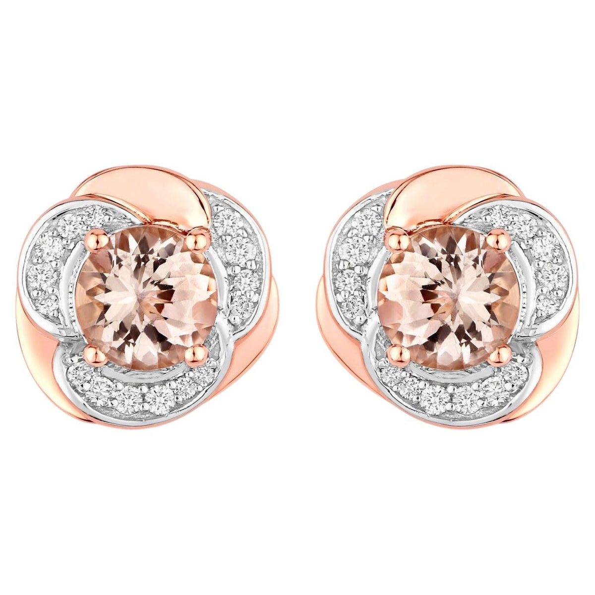 Morganite Flower Stud Earrings With Diamonds 1.48 Carats 14K Rose Gold