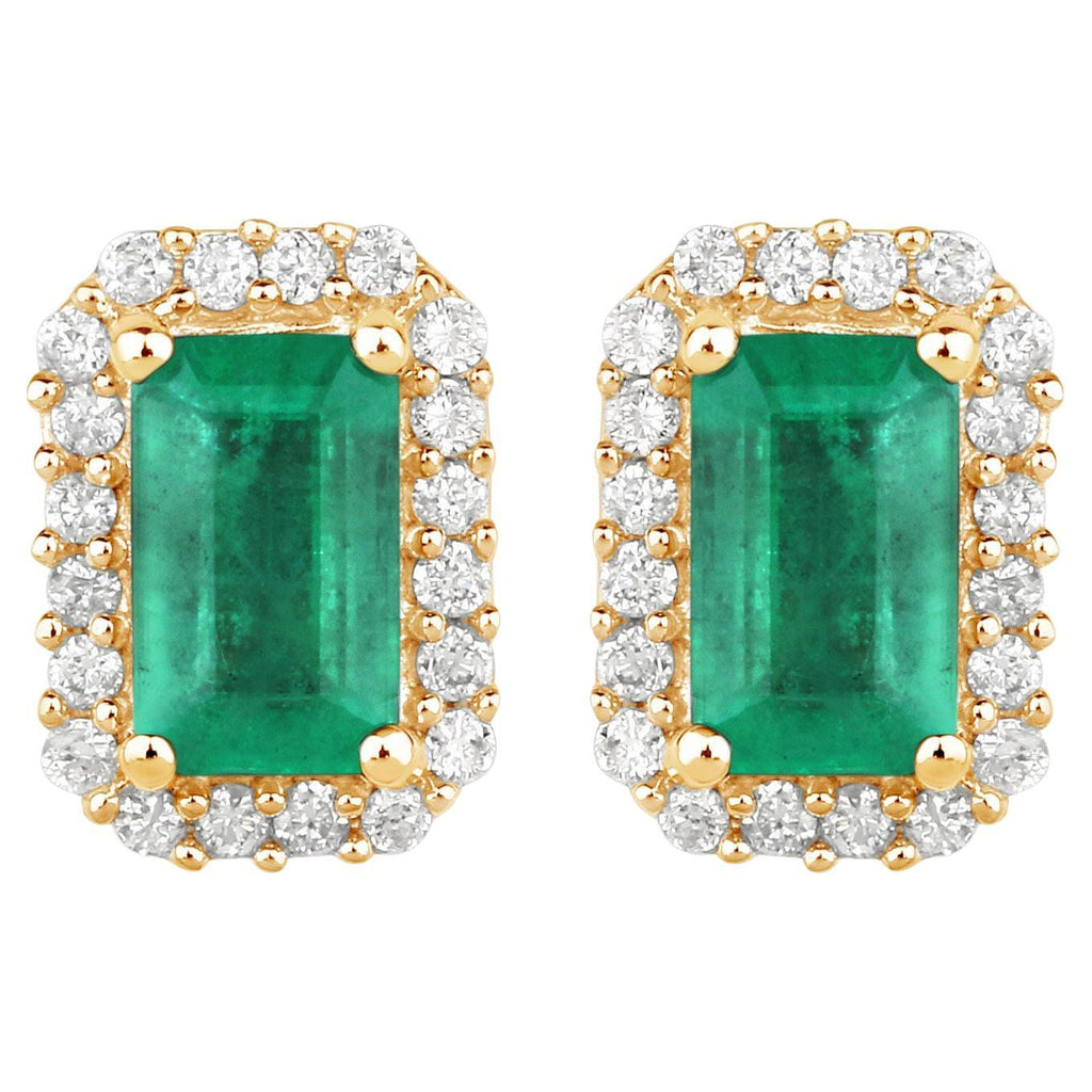 Natural Zambian Emerald Earrings With Diamonds 0.88 Carats 14K Yellow Gold