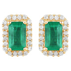 Natural Zambian Emerald Earrings With Diamonds 0.88 Carats 14K Yellow Gold
