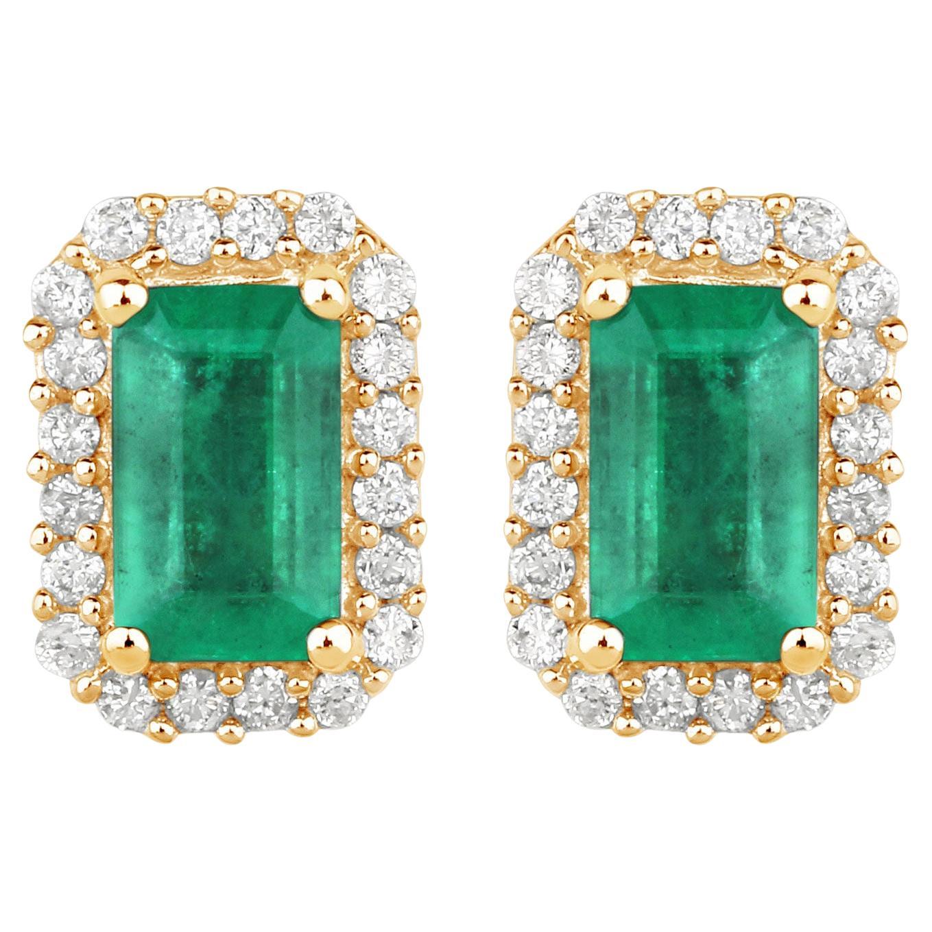 Natural Zambian Emerald Earrings With Diamonds 0.88 Carats 14K Yellow Gold