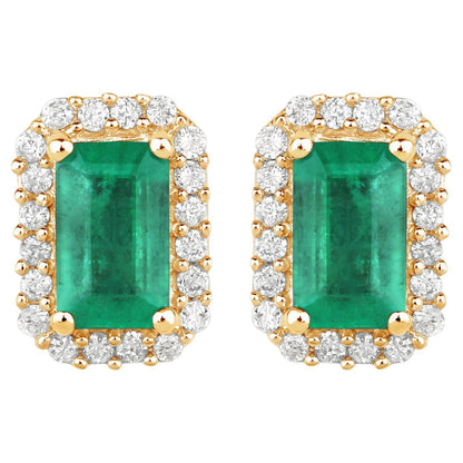 Natural Zambian Emerald Earrings With Diamonds 0.88 Carats 14K Yellow Gold