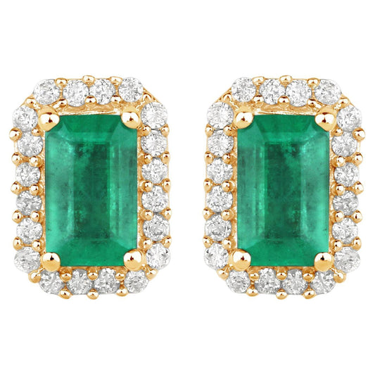 Natural Zambian Emerald Earrings With Diamonds 0.88 Carats 14K Yellow Gold