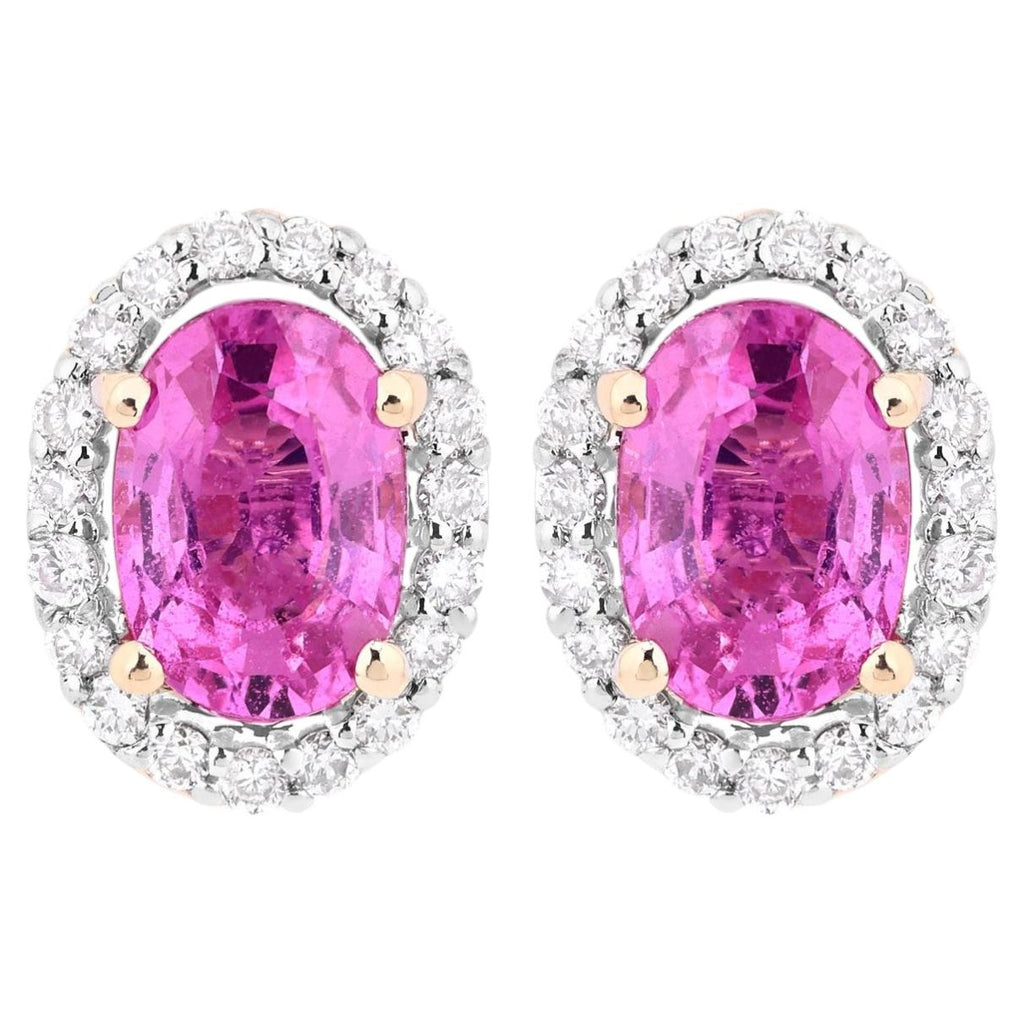 Pink Sapphire Halo Earrings With Diamonds 1.46 Carats 14K Yellow Gold