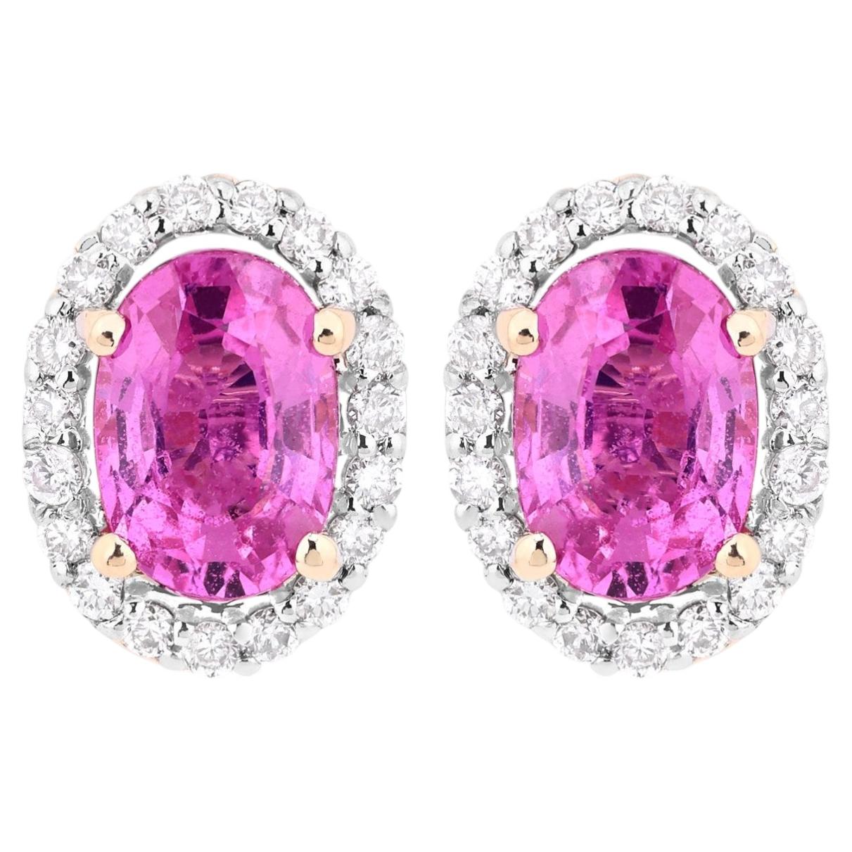 Pink Sapphire Halo Earrings With Diamonds 1.46 Carats 14K Yellow Gold