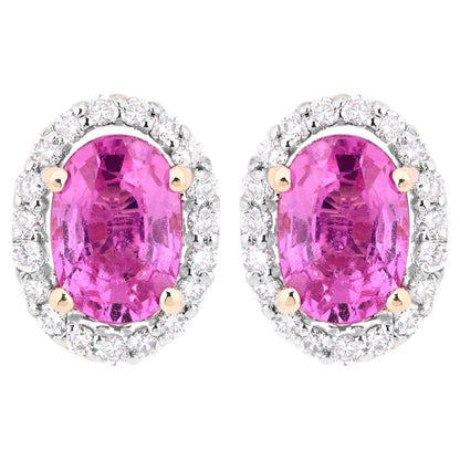 Pink Sapphire Halo Earrings With Diamonds 1.46 Carats 14K Yellow Gold