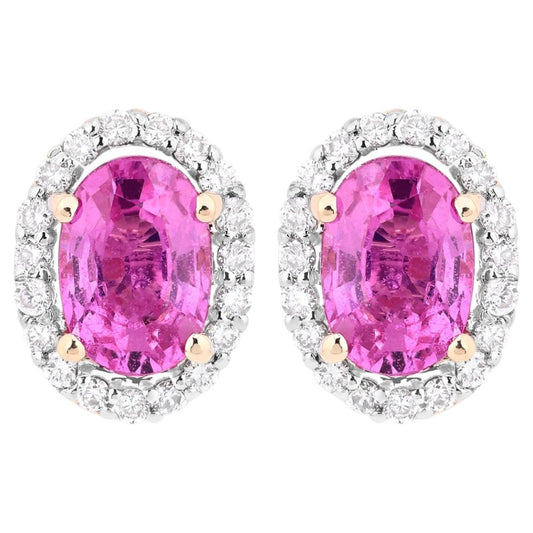 Pink Sapphire Halo Earrings With Diamonds 1.46 Carats 14K Yellow Gold