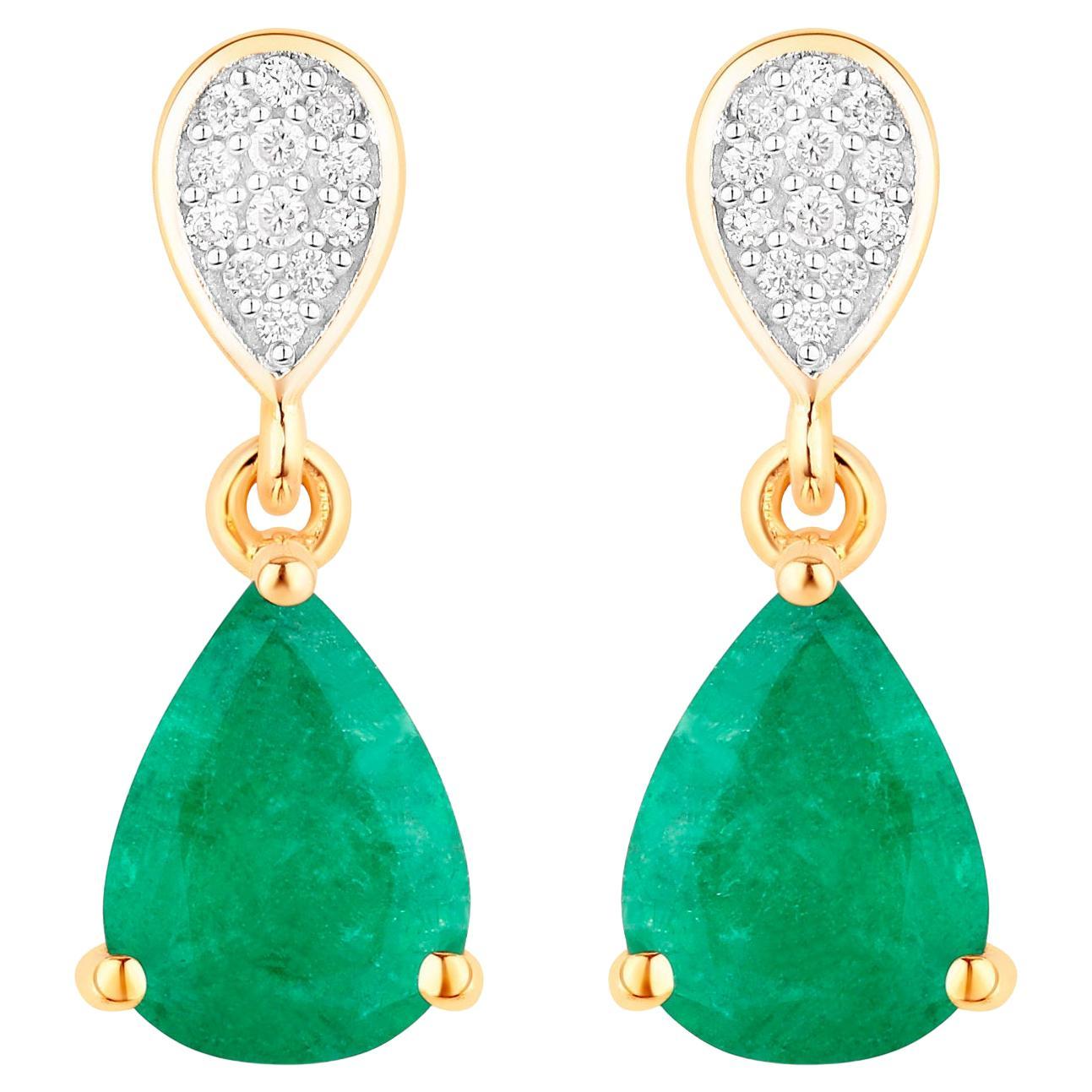 Zambian Emerald Dangle Earrings Diamonds 2.3 Carats 10K Yellow Gold