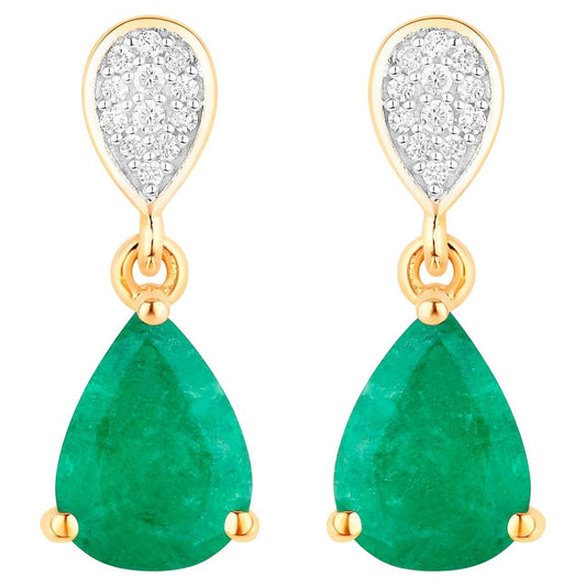 Zambian Emerald Dangle Earrings Diamonds 2.3 Carats 10K Yellow Gold