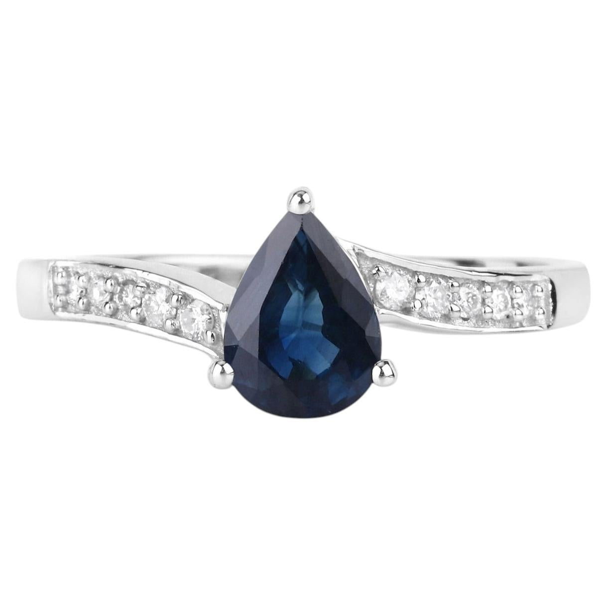 Blue Sapphire Ring With Diamonds 0.83 Carats 14K White Gold