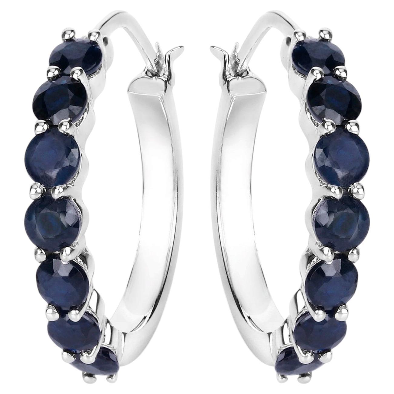 Blue Sapphire Hoop Earrings 2.64 Carats Sterling Silver