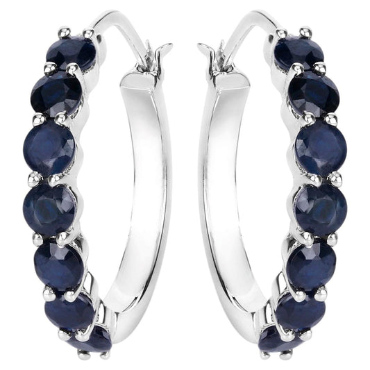 Blue Sapphire Hoop Earrings 2.64 Carats Sterling Silver