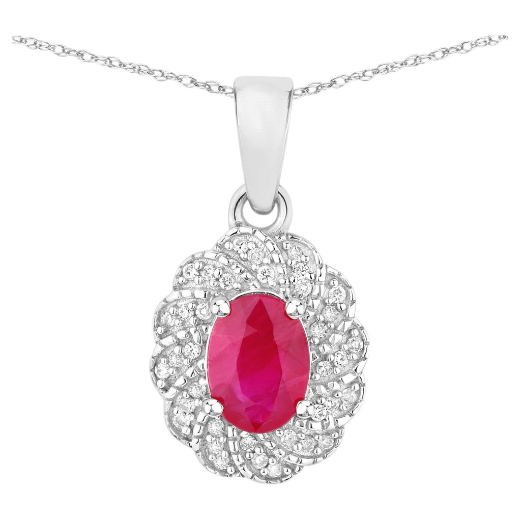 Ruby Floral Pendant With Diamonds 0.92 Carats 10K White Gold