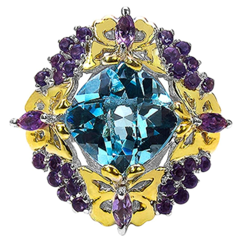 Blue Topaz Butterfly Ring With Amethyst and Diamonds 5.61 Carats Sterling Silver