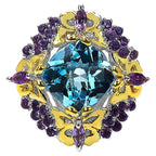 Blue Topaz Butterfly Ring With Amethyst and Diamonds 5.61 Carats Sterling Silver