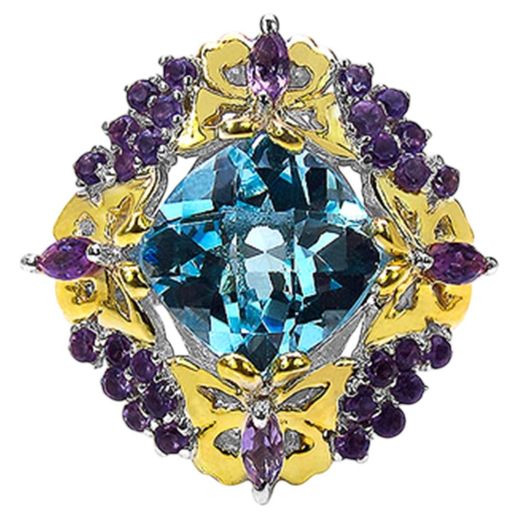 Blue Topaz Butterfly Ring With Amethyst and Diamonds 5.61 Carats Sterling Silver