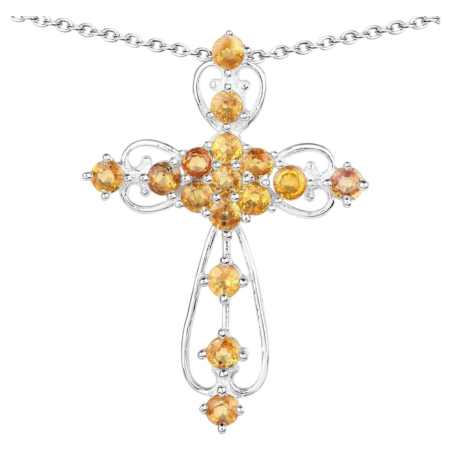 Yellow Sapphire Cross Pendant 2.22 Carats Sterling Silver