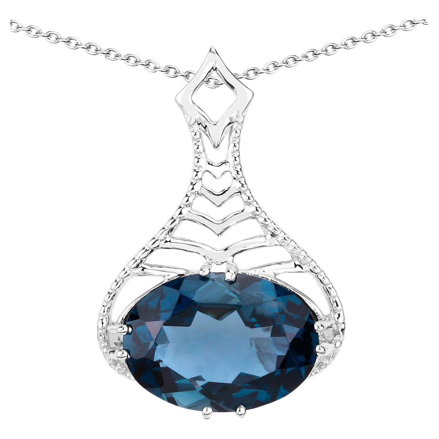 London Blue Topaz Filigree Pendant Necklace 6.62 Carats Sterling Silver