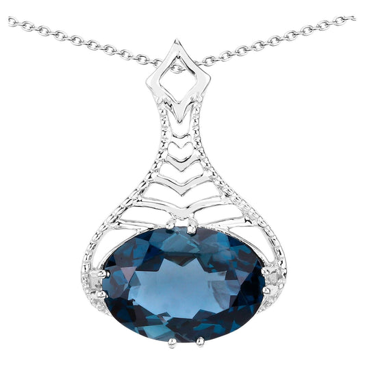 London Blue Topaz Filigree Pendant Necklace 6.62 Carats Sterling Silver