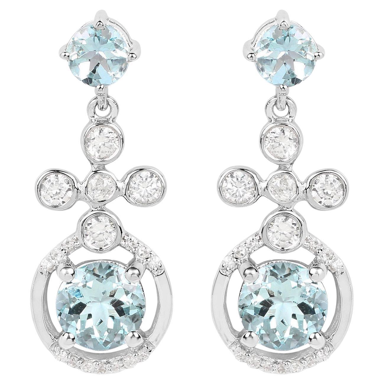 Aquamarine Dangle Earrings 4.4 Carats Rhodium Plated Silver