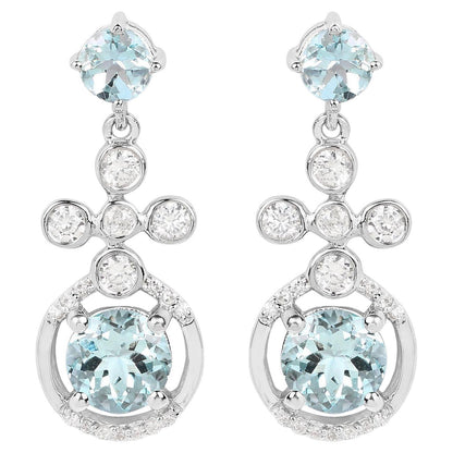 Aquamarine Dangle Earrings 4.4 Carats Rhodium Plated Silver