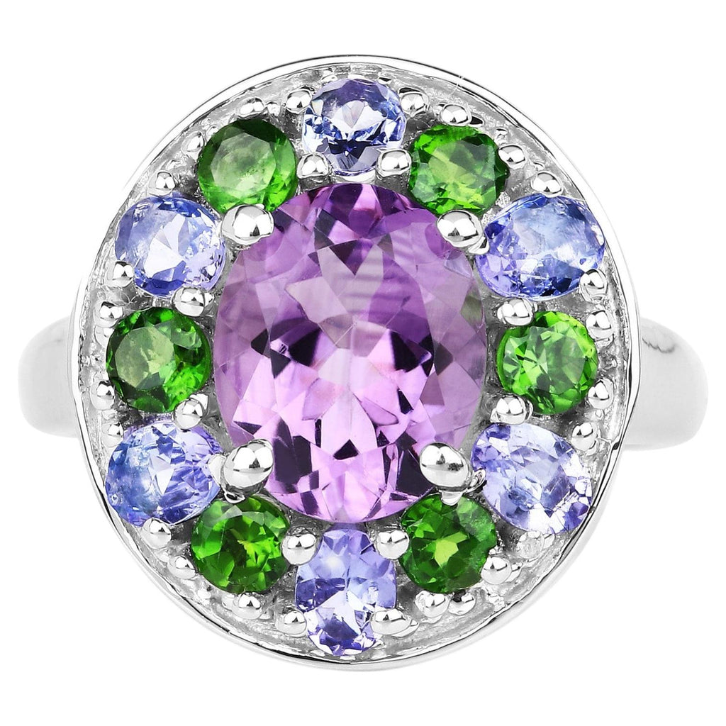 Amethyst Ring With Tanzanite and Chrome Diopside 3.84 Carats Sterling Silver
