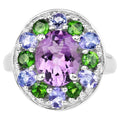 Amethyst Ring With Tanzanite and Chrome Diopside 3.84 Carats Sterling Silver