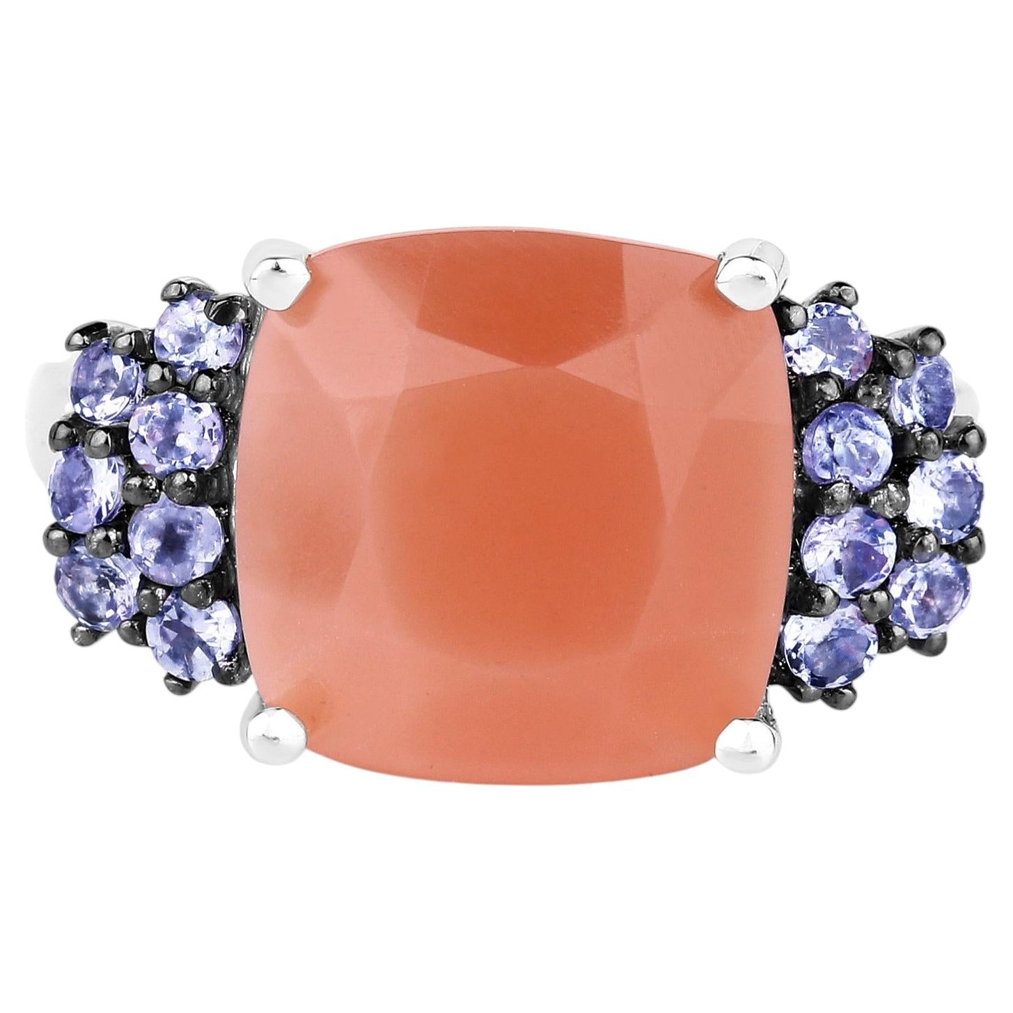 Peach Moonstone Ring With Tanzanite 6.16 Carats Sterling Silver
