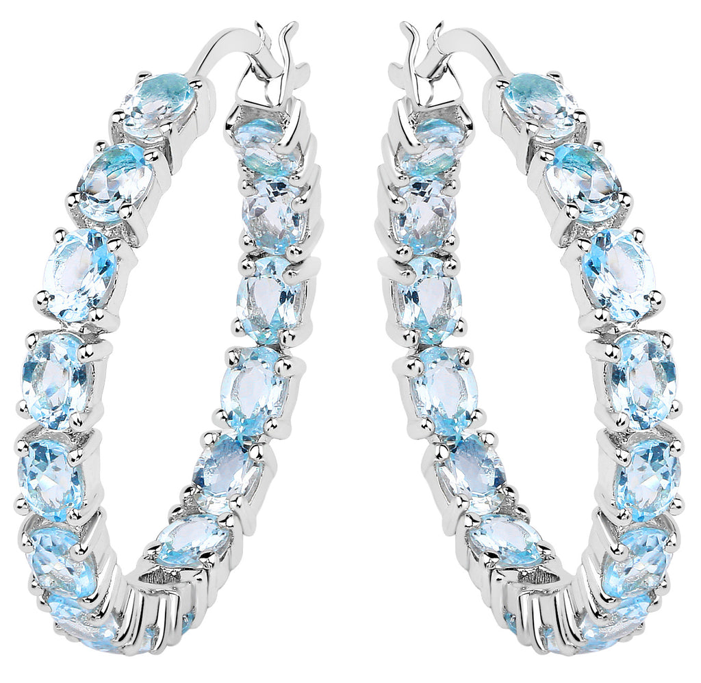 Blue Topaz Hoop Earrings 5.68 Carats Sterling Silver