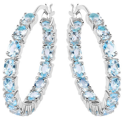Blue Topaz Hoop Earrings 5.68 Carats Sterling Silver