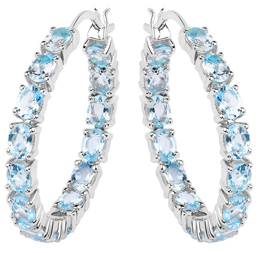 Blue Topaz Hoop Earrings 5.68 Carats Sterling Silver