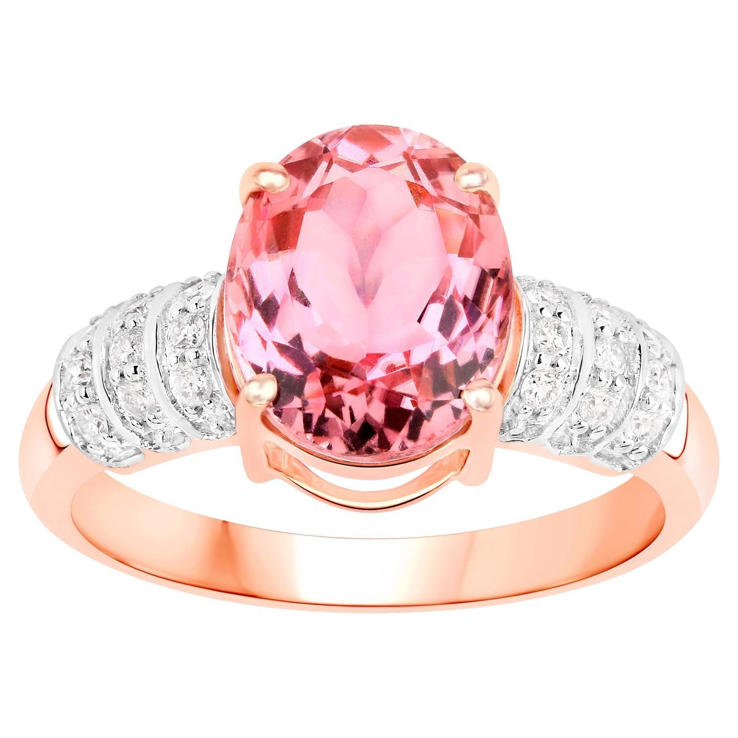 Natural Pink Tourmaline Ring With Diamonds 3.08 Carats 14K Rose Gold