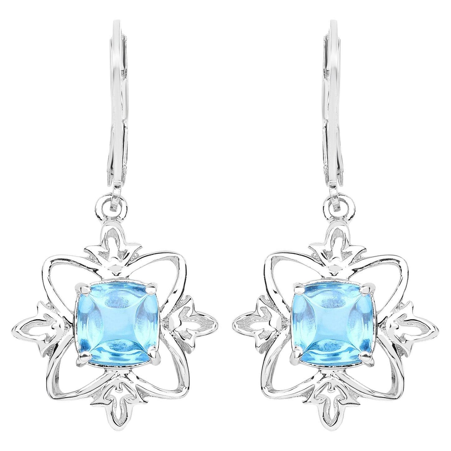 Swiss Blue Topaz Dangle Earrings 5.3 Carats Rhodium Plated Silver