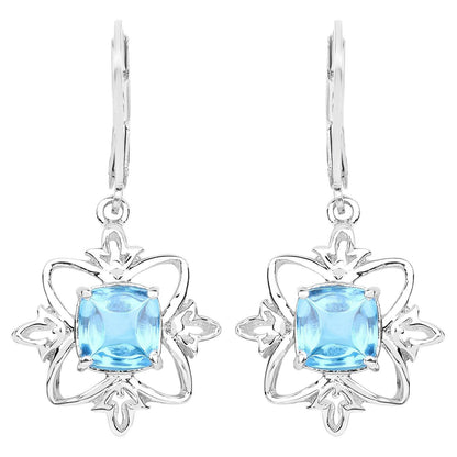 Swiss Blue Topaz Dangle Earrings 5.3 Carats Rhodium Plated Silver