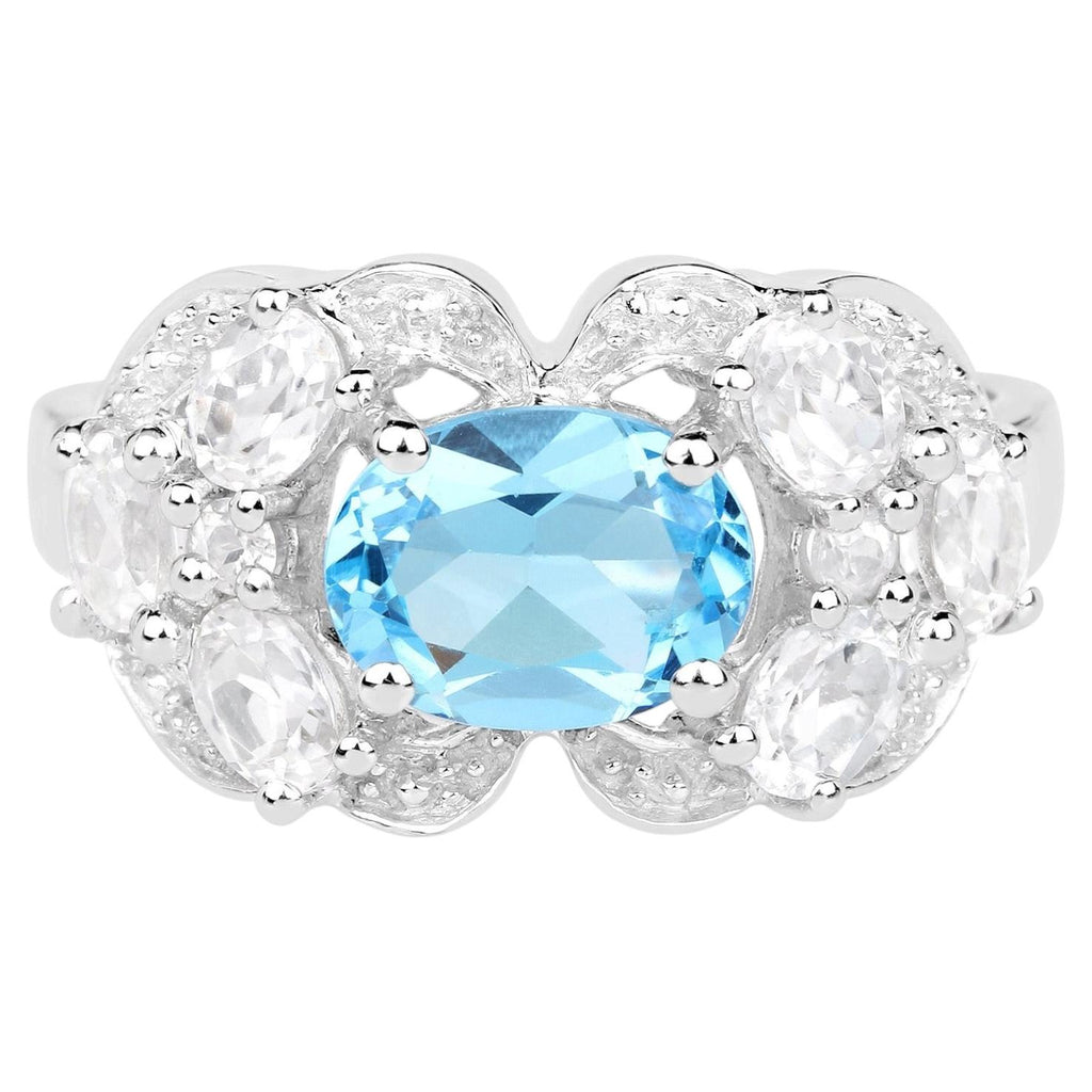 Blue Topaz Ring With White Zircon 3.14 Carats Sterling Silver