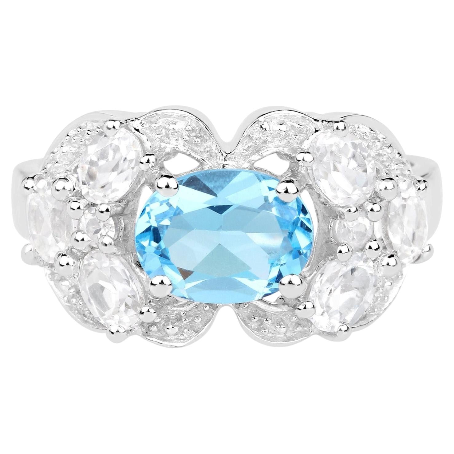 Blue Topaz Ring With White Zircon 3.14 Carats Sterling Silver