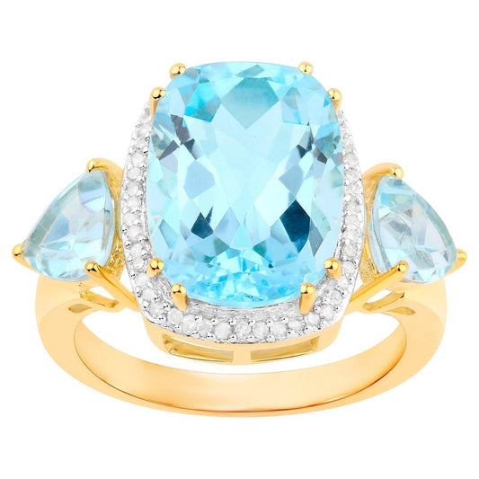 Blue Topaz Cocktail Ring Diamond Halo 8.2 Carats Total 18K Yellow Gold Plated