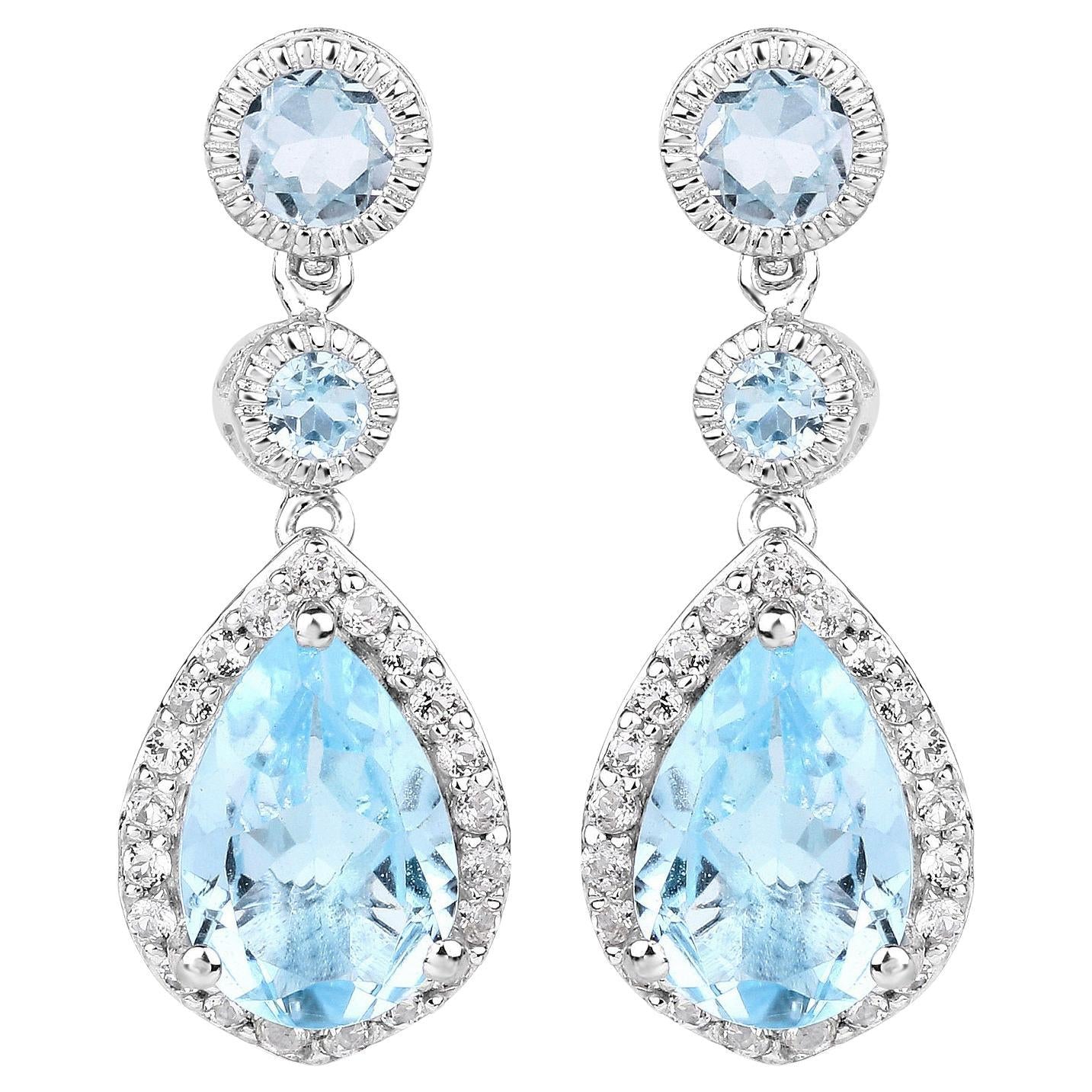 Swiss Blue Topaz Dangle Earrings With White Topaz 9.46 Carats