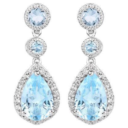 Swiss Blue Topaz Dangle Earrings With White Topaz 9.46 Carats