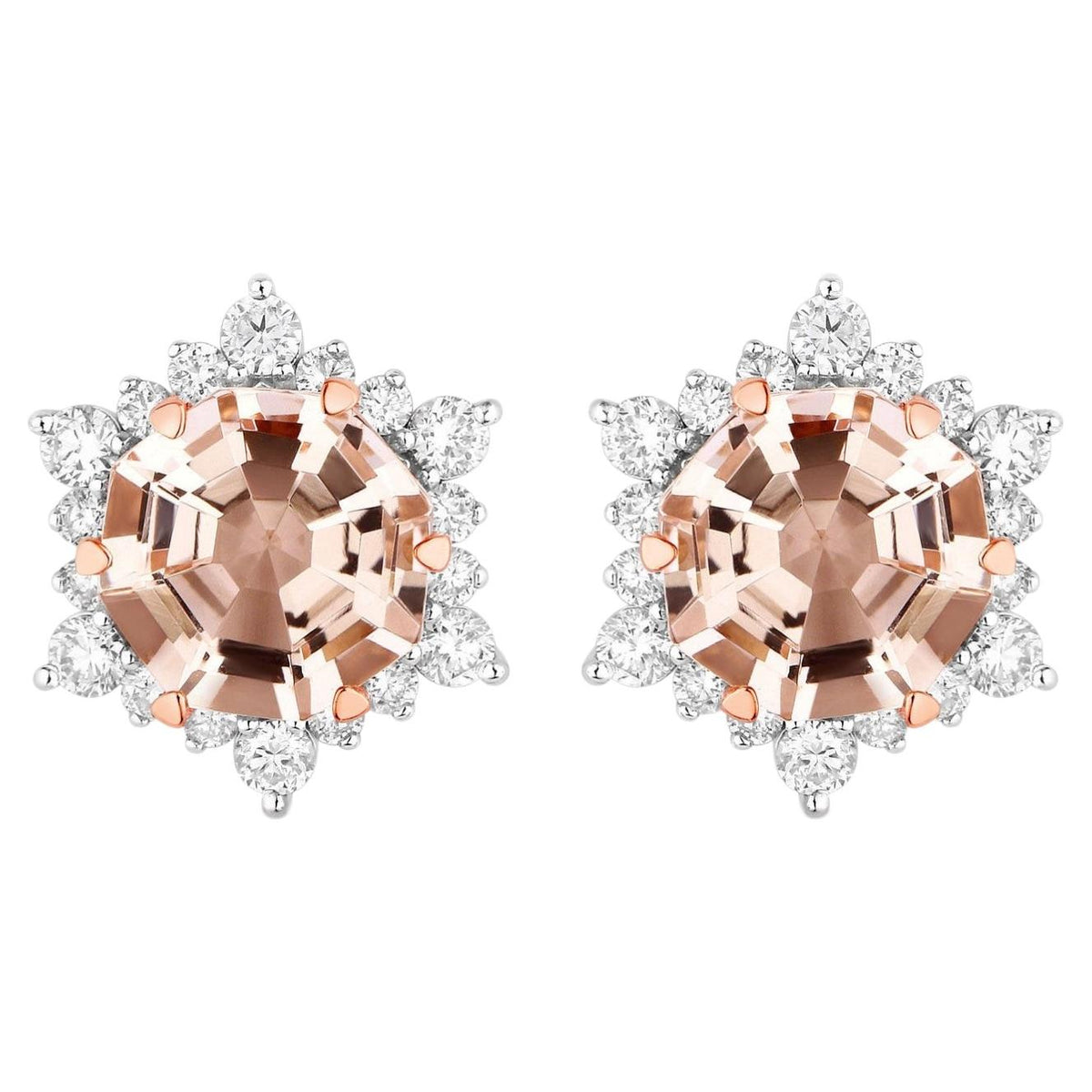 Morganite Stud Earrings With Diamonds 3.3 Carats 14K Rose Gold