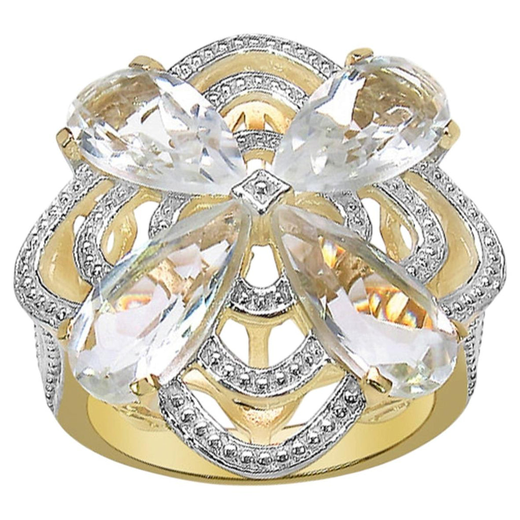 Crystal Quartz Flower Ring With Diamonds 6.67 Carats Gold Plated Silver
