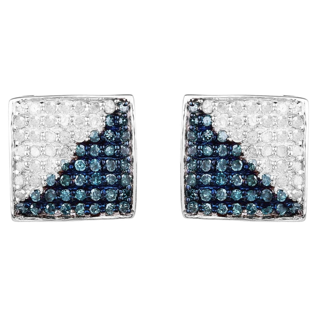 Blue and White Diamond Cluster Earrings 0.64 Carats Sterling Silver
