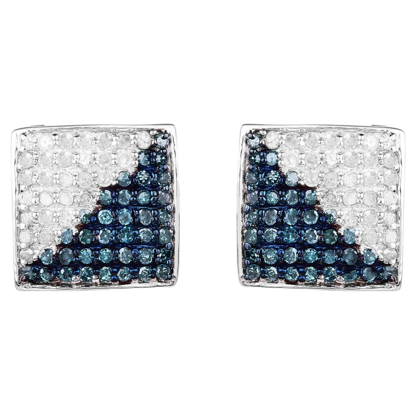 Blue and White Diamond Cluster Earrings 0.64 Carats Sterling Silver