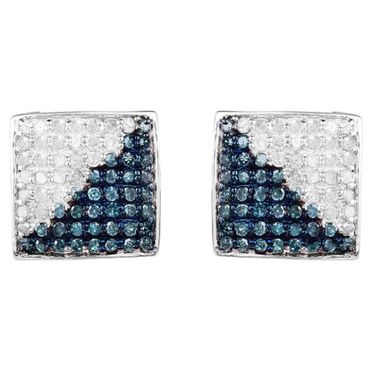Blue and White Diamond Cluster Earrings 0.64 Carats Sterling Silver